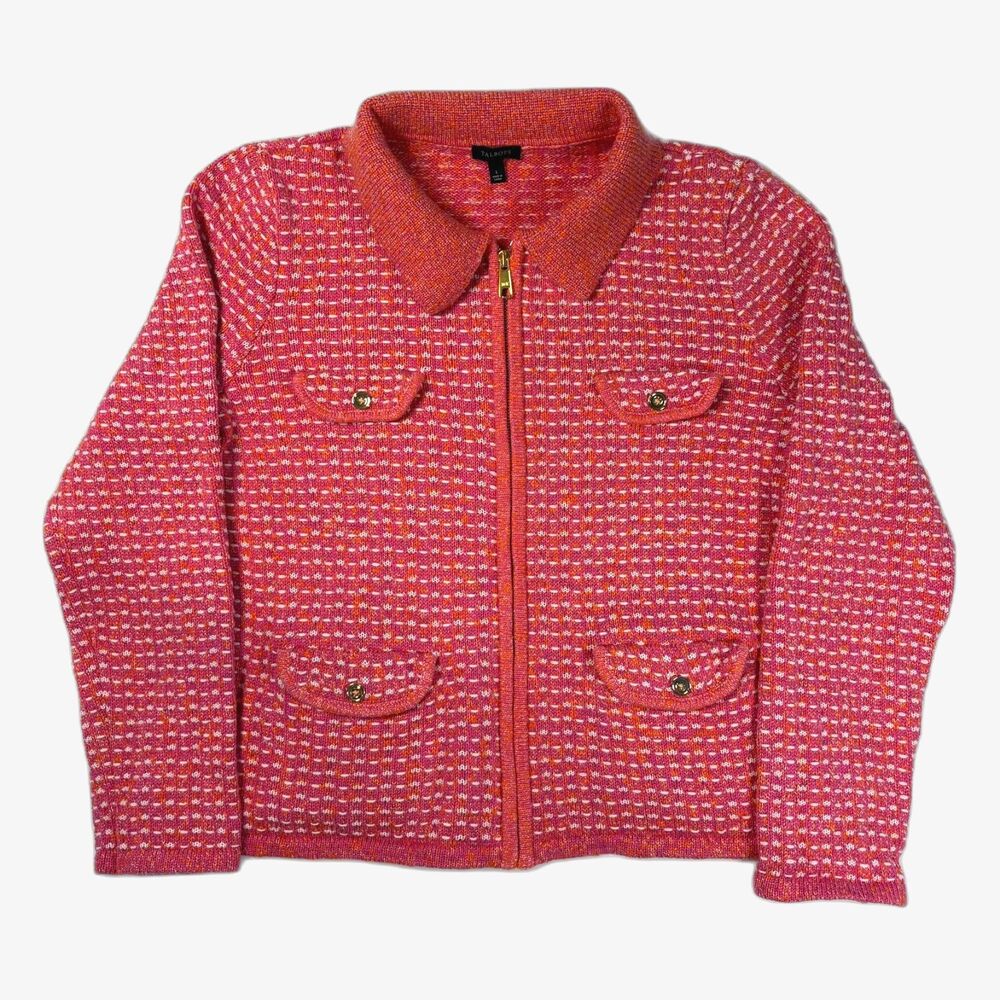 Talbots Pink Orange Tweed Full Zip Knit Cardigan Sweater Jacket
